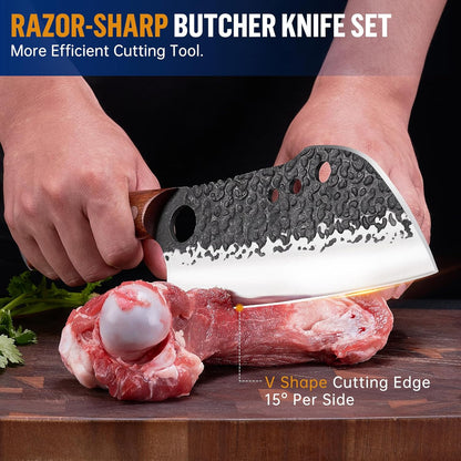 Butcher Knife Set, KITNATS 4PCS Hand Forged kitchen knives Set-Meat Cleaver Knife & Serbian Chef Knives & Vegetable Knives & Boning Knifes, Viking Knives for Kitchen, Outdoor Cooking, BBQ Gift for Men