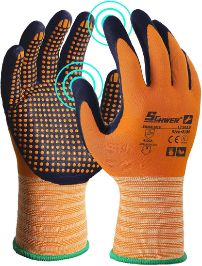 Schwer 3/6/12 Pairs Safety Work Gloves MicroFoam Nitrile Coated, Certified Level 6 Abrasion Resistant Gardening Gloves with MicroDot Grip, Touchscreen, General A1 Cut Resistant Glove, LT5619, S