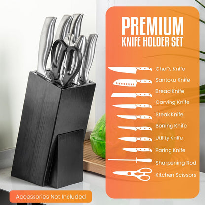 Acacia Wood Angled Knife Block with Multi-Purpose Holder – Universal Kitchen Knife Storage with Removable Bristle Insert (Honey brown, regular medium)