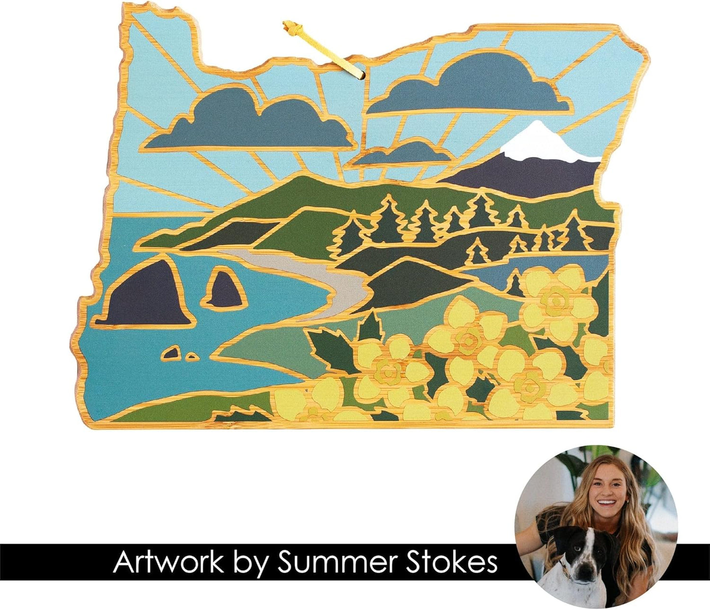 Totally Bamboo North Carolina State Shaped Cutting Board and Charcuterie Serving Platter with Artwork by Summer Stokes, Includes Hang Tie for Wall Display 18" x 8" x 5/8" - Colors B
