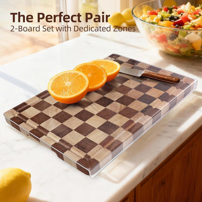 Checkered Cutting Board for Kitchen - Solid Wood End Grain Checkerboard Chopping Board with Handle & Juice Groove, Double Sided for Cooking, Serving and Decor, Rectangular 16" x 12" x 1"