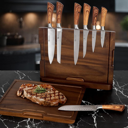 2 - in - 1 Magnetic Knife Block Holder with 16"x11" Teak Cutting Board, Crafted from Premium Natural Teak Wood,Juice Grooves, Kitchen Organizer for Home Chefs