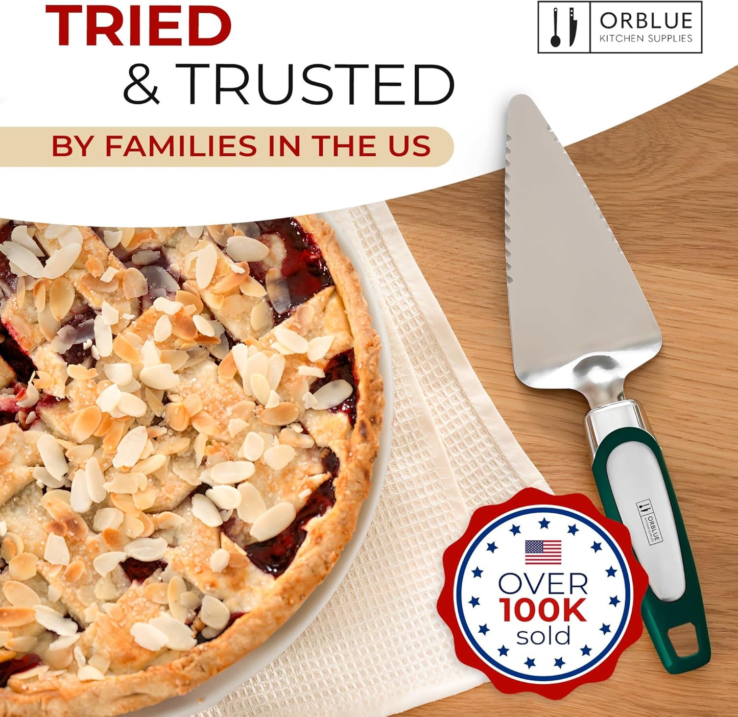 Orblue Pie Server, Essential Kitchen Tool, Serrated on Both Sides, Great for Right or Left Handed Chef, Stainless Steel Flatware , Cake Cutter,White