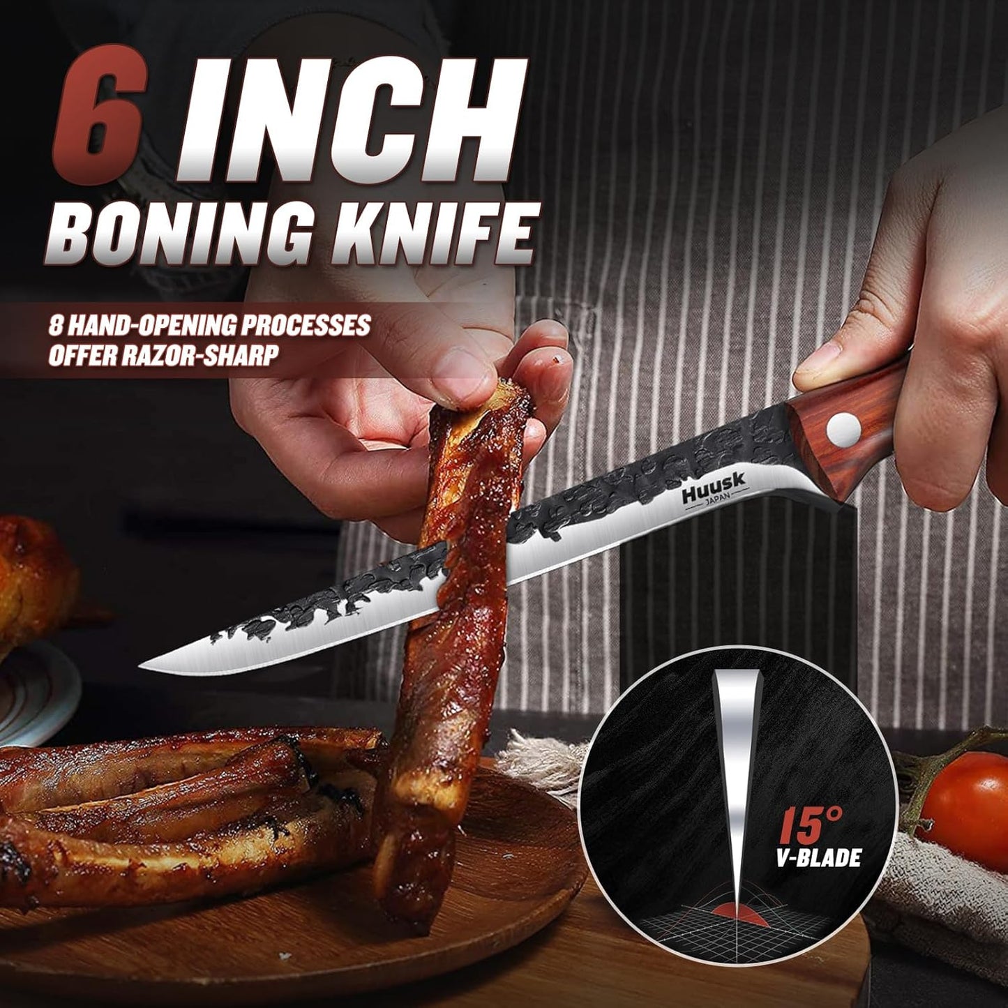 Huusk Fillet Knife for Meat Hand Forged Boning Knives 7 Inch Fish Filet Brisket Trimming Knife with Leather Sheath Japanese Butcher Knife for Fish Chincken Gift for Dad