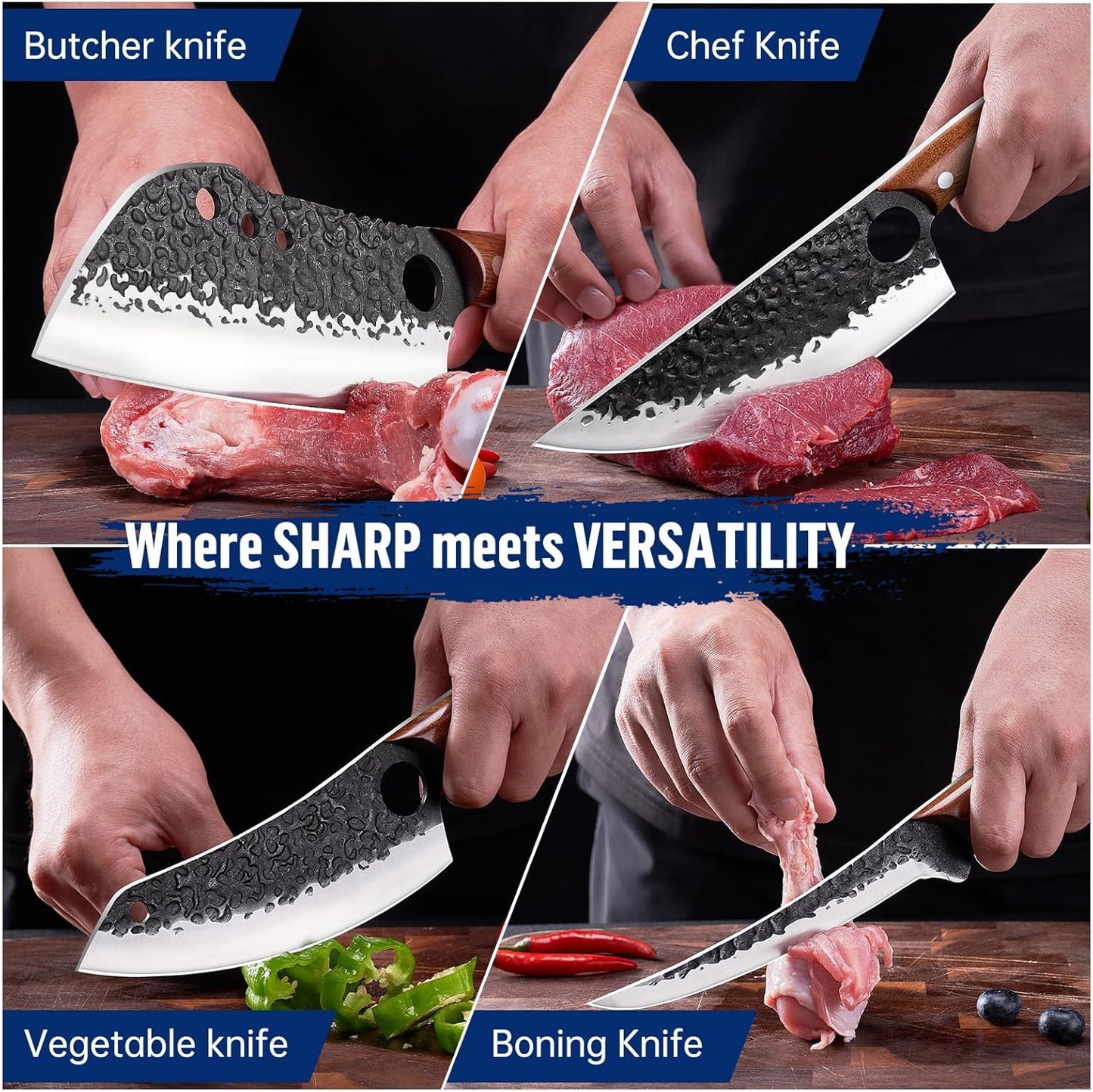 KITNATS 9PCS Butcher Knife Set with Roll Bag, Hand Forged Kitchen Knife Set with Meat Cleaver, Boning Knife & Chef Knife for BBQ, Meat Processing, Camping, Outdoor Cooking, Gift for Men