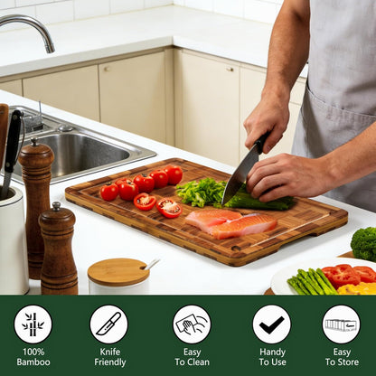 Cutting Boards for Kitchen, Bamboo Cutting Board Set of 3 with Storage Stand, Deep Carbonized Chopping Boards with Deep Juice Grooves and Side Handles for Meat, Vegetables, Fruit and Meal Prep