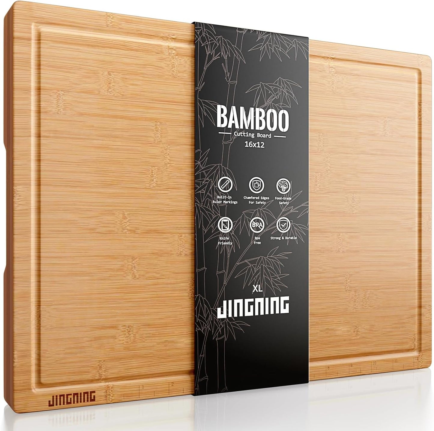 JINGNING Deep-Carbonized Bamboo Cutting Board Set for Kitchen with Wood Storage Stand, Deep Juice Grooves, Easy-Grip Handles & Non-Slip Pads, Premium Kitchen Gift