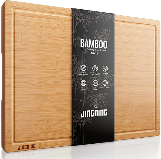 JINGNING Deep-Carbonized Bamboo Cutting Board Set for Kitchen with Wood Storage Stand, Deep Juice Grooves, Easy-Grip Handles & Non-Slip Pads, Premium Kitchen Gift