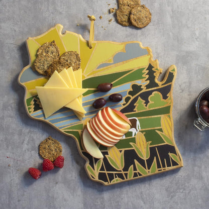 Totally Bamboo North Carolina State Shaped Cutting Board and Charcuterie Serving Platter with Artwork by Summer Stokes, Includes Hang Tie for Wall Display 18" x 8" x 5/8" - Colors B