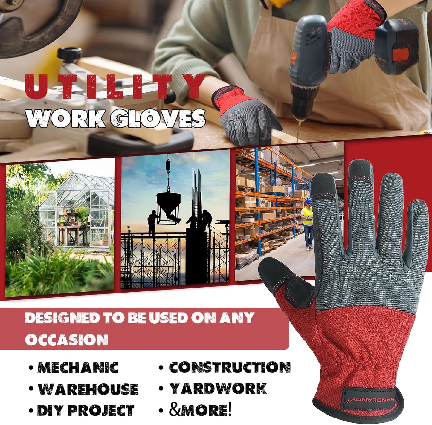 HANDLANDY Work Gloves for Men & Women, Utility Mechanic Working Gloves Touch Screen, Flexible Gardening Gloves for Yard