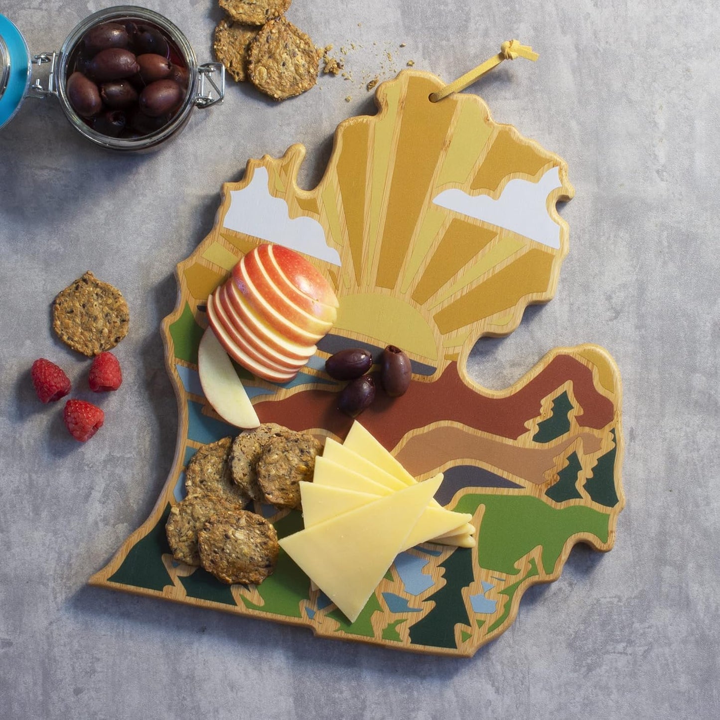 Totally Bamboo North Carolina State Shaped Cutting Board and Charcuterie Serving Platter with Artwork by Summer Stokes, Includes Hang Tie for Wall Display 18" x 8" x 5/8" - Colors B