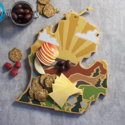 Totally Bamboo North Carolina State Shaped Cutting Board and Charcuterie Serving Platter with Artwork by Summer Stokes, Includes Hang Tie for Wall Display 18" x 8" x 5/8" - Colors B