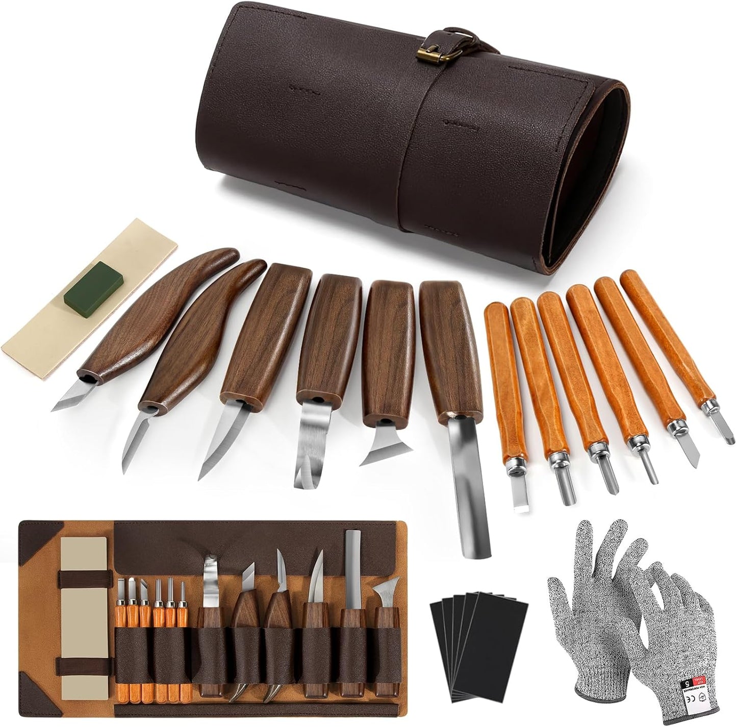 Wood Carving Tools, 17Pcs Wood Carving Kit with PU Storage Bag with 6Pcs Whittling Knives & 5 Detail Carving Knives for Adults Carving DIY