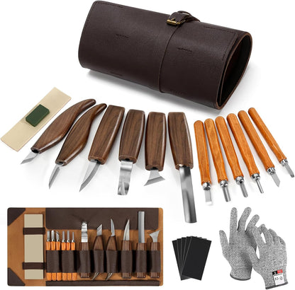 Wood Carving Tools, 17Pcs Wood Carving Kit with PU Storage Bag with 6Pcs Whittling Knives & 5 Detail Carving Knives for Adults Carving DIY