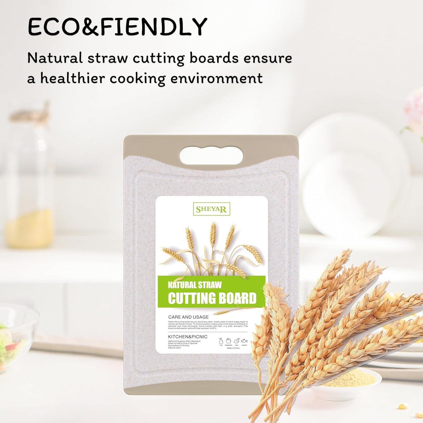 Cutting Board for Kitchen, Wheat Straw Fiber Cutting Board, Dish Washer Safe, w/Juice Grooves for Meat, Veggies, Easy Grip Handle, Non-slip Surface Eco-friendly Serveware Accessories （10‘x6.3’）