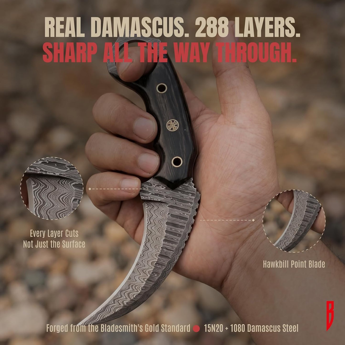 BIGCAT ROAR Predator Hunter - Patented Handmade Damascus Steel Fixed Blade Hunting Knife 10" - Walnut Wood Handle & Leather Sheath - Bushcraft Outdoor Skinning & Survival Knife - Collector Men Gifts