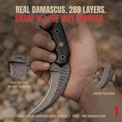 BIGCAT ROAR Predator Hunter - Patented Handmade Damascus Steel Fixed Blade Hunting Knife 10" - Walnut Wood Handle & Leather Sheath - Bushcraft Outdoor Skinning & Survival Knife - Collector Men Gifts