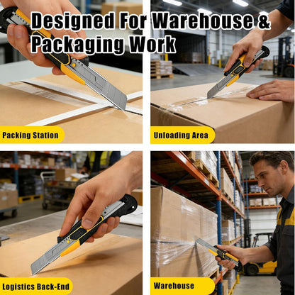 Dual-Mode Box Cutter Retractable for Warehouse,Locking Professional Work Knife, Auto-Retract Box Knife,18mm Heavy Duty Utility Knife with Metal Rail,Spare Blade Storage.1 Knife+10 Blades