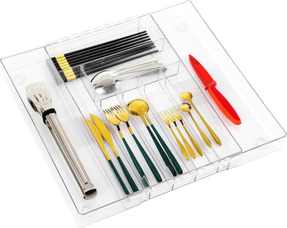 IEEK Silverware Drawer Organizer Tray for Kitchen,Expandable Utensil Tray Multipurpose Drawer Dividers Adjustable Cutlery and Flatware Holder,Plastic Spoon Forks Knives Holder Storage Divider,Clear-M