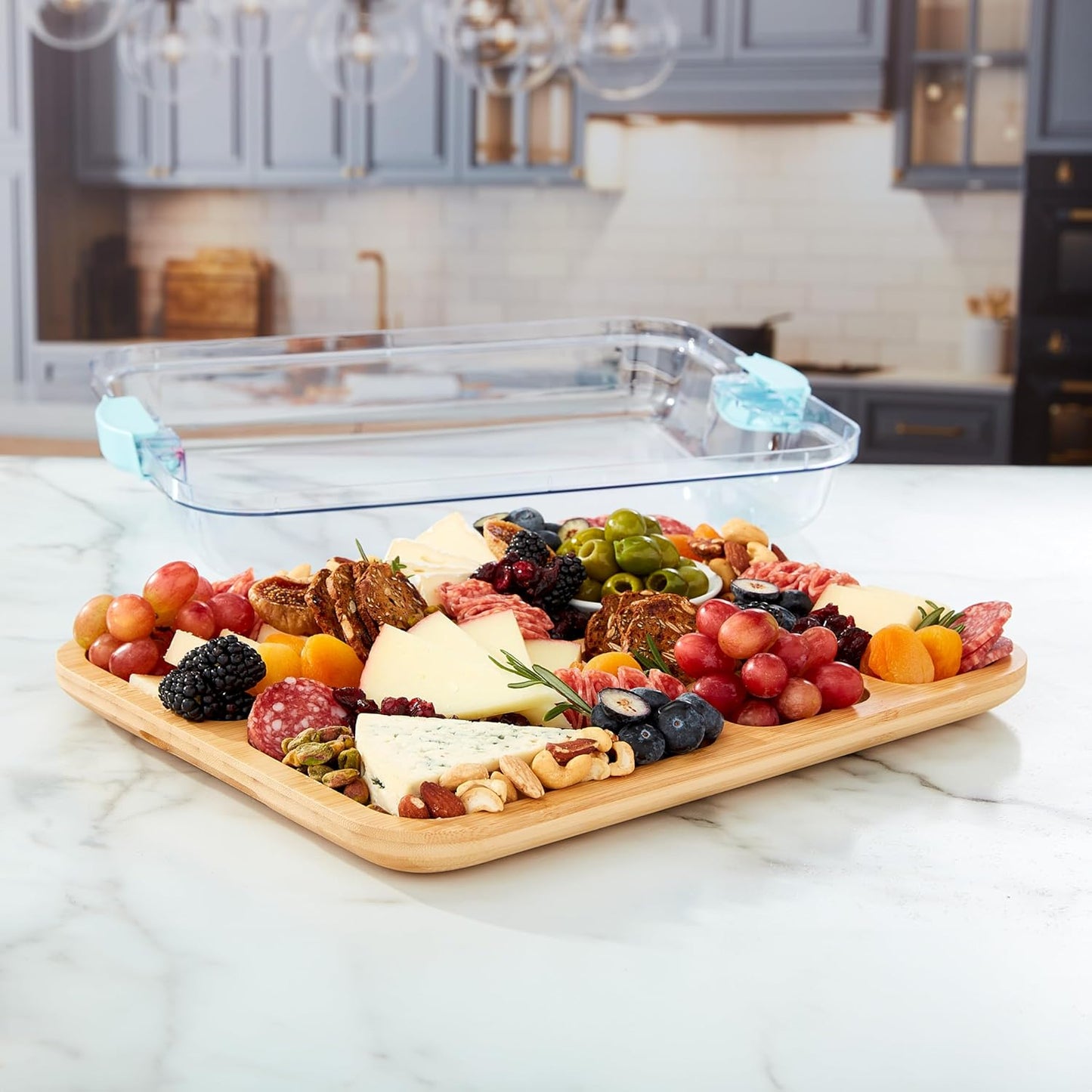 Farberware Build-A-Board Bamboo Cutting Board with Built-In Compartments & Clear Locking Lid, Black Handles, Charcuterie, Snack Tray, Food Prep and Serving Platter