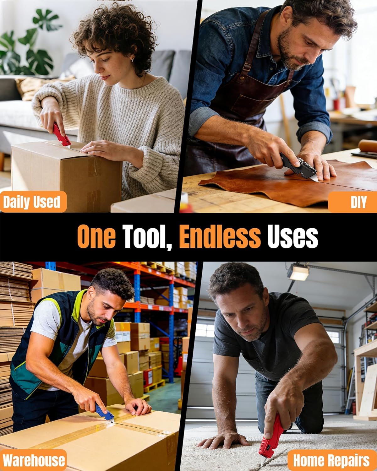 VOTREK® Box Cutter Retractable| Metal Utility Knife Set【Built-In Storage】 Tool-Free Quick Blade Change| Safety Lock| Extra 10 Sharp SK5 Blades| 2-Pack Heavy Duty Razor Knife for Cardboard & Plastic