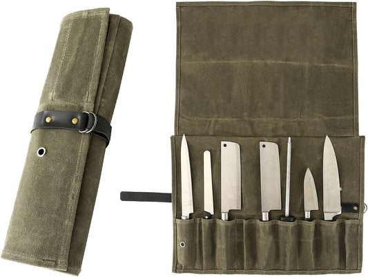 Chef Knife Roll Bag, 9 Pockets Canvas Knife Case, Knife Bag, Knife Wrap Wallet, Cutlery Knife Pouch Holders Protectors for Chef Knives Kitchen Utensils, Tool Roll (Brown)