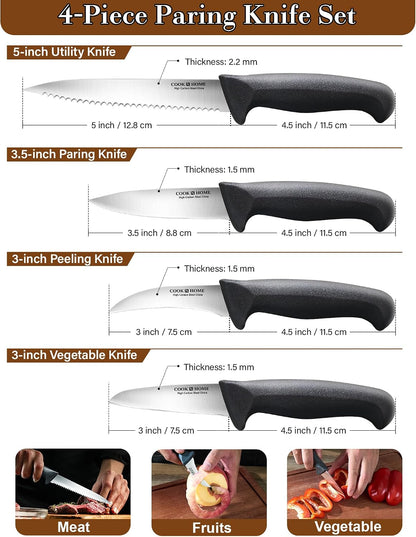 Cook N Home Professional Paring Knife Set, High Carbon Stainless Steel Kitchen Knives, Includes-Utility, Paring, Vegetable, Peeling Knife, Ergonomic Handle, 4-Piece, Black