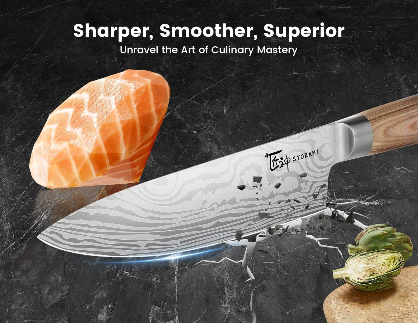 SYOKAMI 14pcs Chef Knife Set with Roll Bag, Professional Stainless Steel Japanese Knife Set with Pakkawood Handle for Professional Chef, Camping, Travel, BBQ, RV or Gift