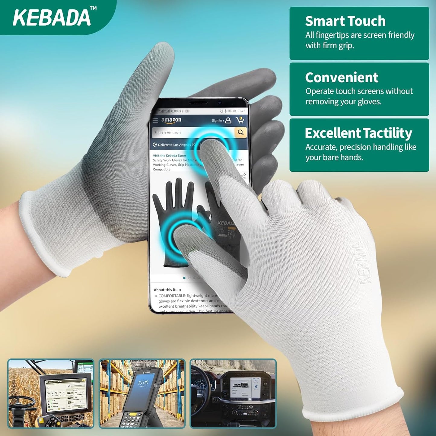 Kebada W1 Work Gloves for Men and Women, PU Coated Safety Gloves with Grip, Touchscreen, Ideal for Warehouse Package Handling, Construction, Gardening, 12 Pairs Gray Large