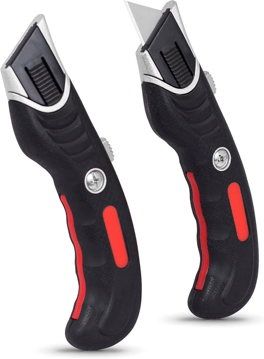 INTERNET'S BEST Ergonomic Utility Knife Set | Retractable Box Cutter with Rubber Handle | For Cutting Cardboard, Carpet & Plastic | Blade Storage in Handle | Includes 2 Razor Knives & 3 Extra Blades