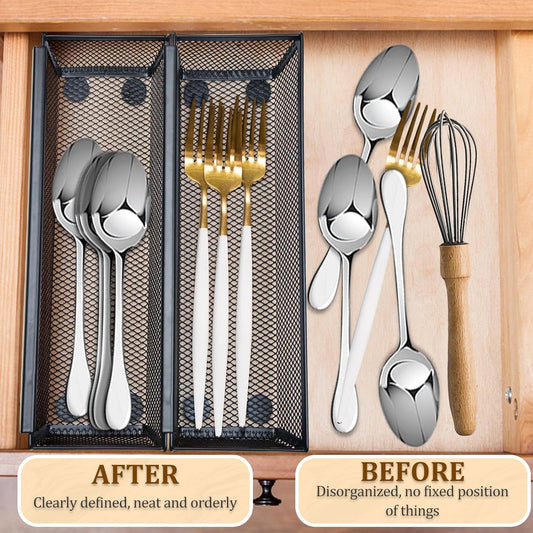 2PCS Drawer Organizer for Kitchen,Utensil Mesh Drawer Organizer with Interlocking Arm for Cosmetic,Flatware,Pen (12 * 3 * 2 Inches,Grey)