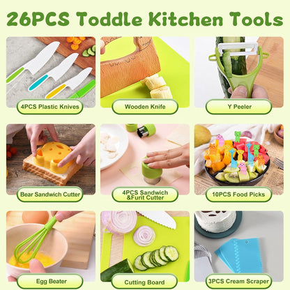 Hilsoeet 26PCS Kids Knives for Real Cooking, Wooden Kids Kitchen Knife Set Include 4 Serrated Edges Plastic Toddler Knives, Cutting Board, Y Peeler, Egg Beater, Toddler Food Picks and Cream Scraper