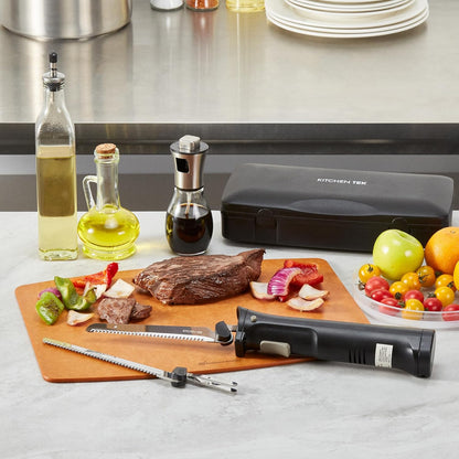 Restaurantware-Kitchen Tek Electric Knife Set, 1 Electric Knife With Motorized Handle - Includes 1 Bread and 1 Carving Tool, 1 Case, Black Plastic Food Cutter With Stainless Steel Blades