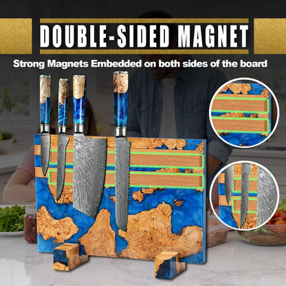Magnetic Knife Block, Double Sided Knife Holder, Burl Maple Wood and Blue Resin, Holds 20 Knives, Non Slip Base (Blue)