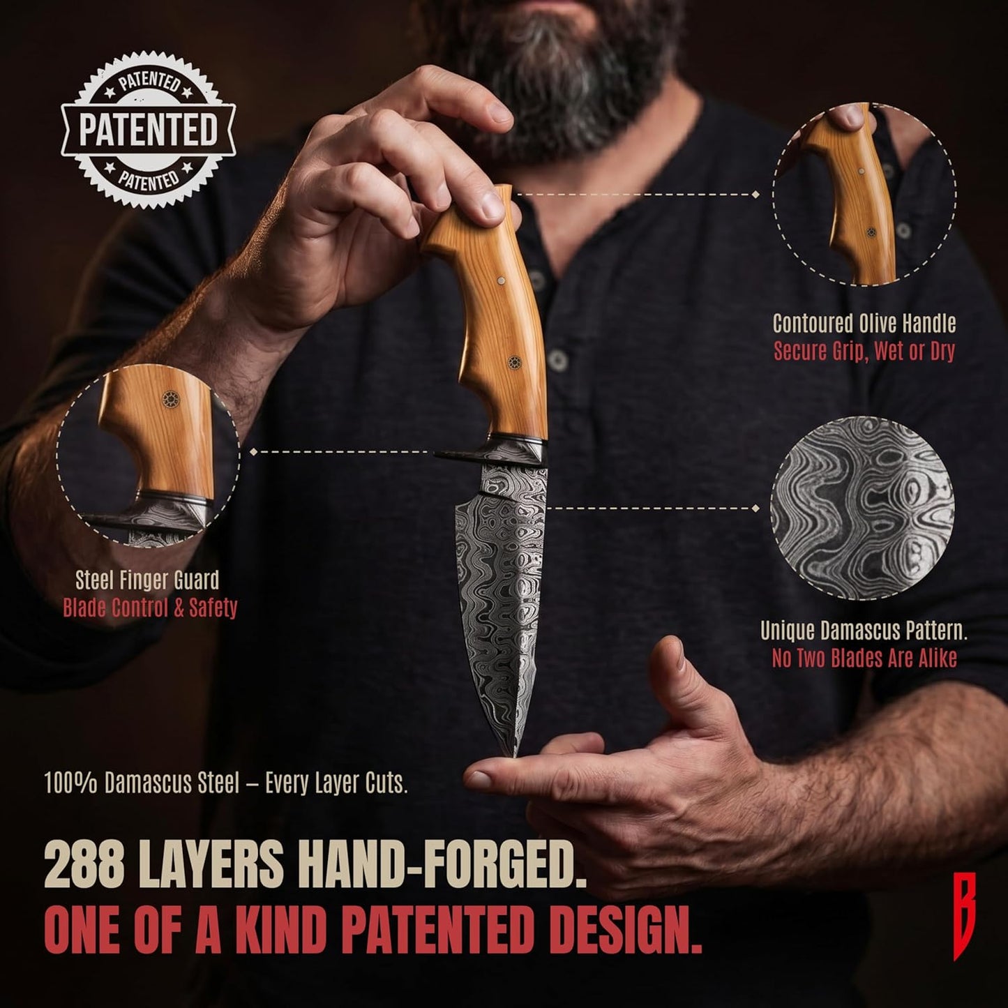 BIGCAT ROAR Predator Hunter - Patented Handmade Damascus Steel Fixed Blade Hunting Knife 10" - Walnut Wood Handle & Leather Sheath - Bushcraft Outdoor Skinning & Survival Knife - Collector Men Gifts