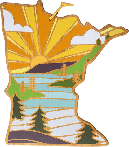 Totally Bamboo North Carolina State Shaped Cutting Board and Charcuterie Serving Platter with Artwork by Summer Stokes, Includes Hang Tie for Wall Display 18" x 8" x 5/8" - Colors B