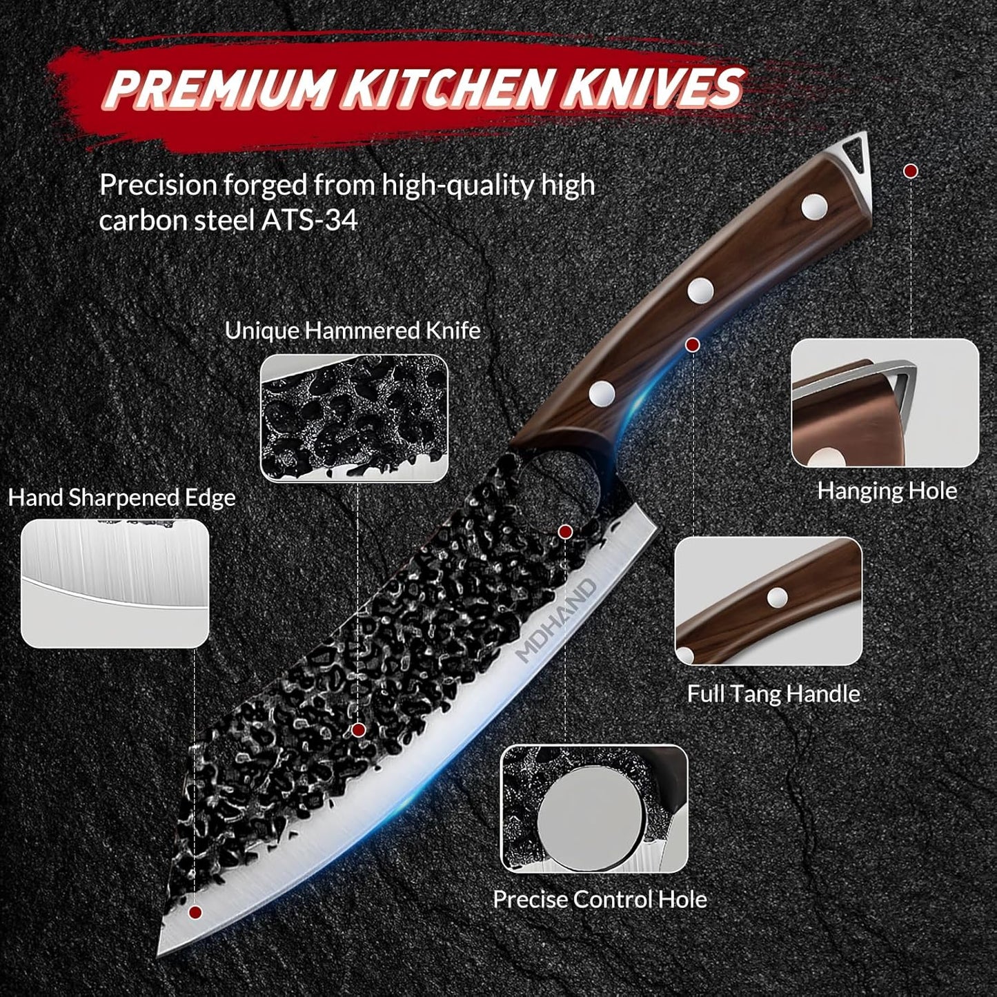 MDHAND Butcher Knife Set, 12PCS Hand Forged Serbian Chef Knife Set with Bag, High Carbon Steel Full Tang Kitchen Knives Set, Meat Cleaver & Boning Knife for Brisket Trimming BBQ Camping, Gift for Men