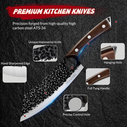 MDHAND Butcher Knife Set, 12PCS Hand Forged Serbian Chef Knife Set with Bag, High Carbon Steel Full Tang Kitchen Knives Set, Meat Cleaver & Boning Knife for Brisket Trimming BBQ Camping, Gift for Men