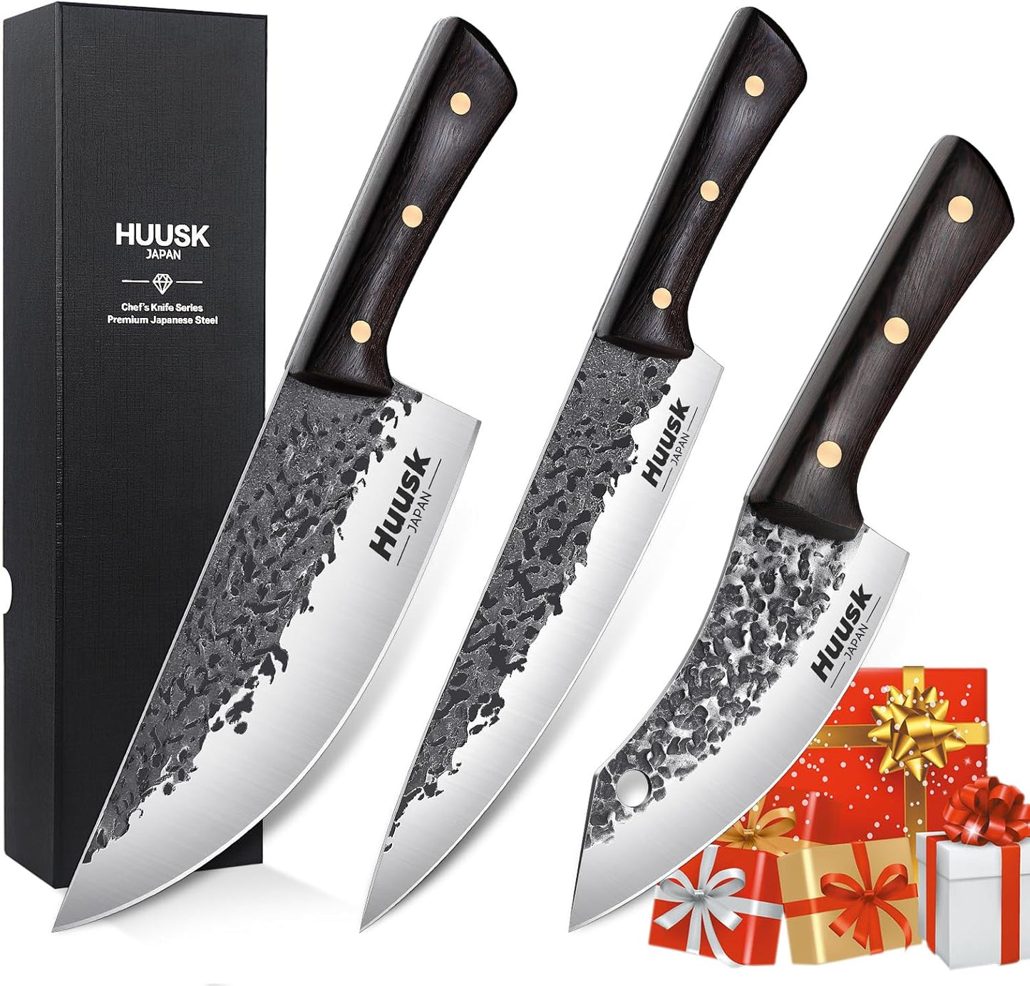Huusk Hand Forged Chef Knife Set, High Carbon Steel Butcher Knife Set, Japanese Kitchen Knives for Home, Outdoor BBQ Camping Cooking, Gift Idea for Men