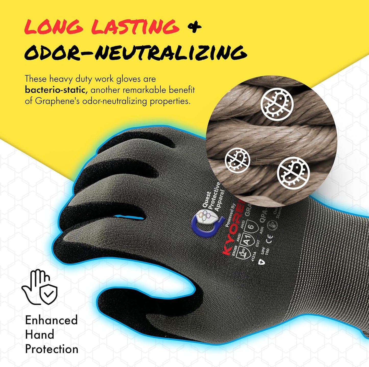 Quest Protective Apparel Cut Resistant Work Gloves (ANSI A1) – Lightweight Graphene Gloves for Gardening, DIY, Mechanical & General Handling – Breathable Grip Gloves for Men & Women – Large, Pack of 3