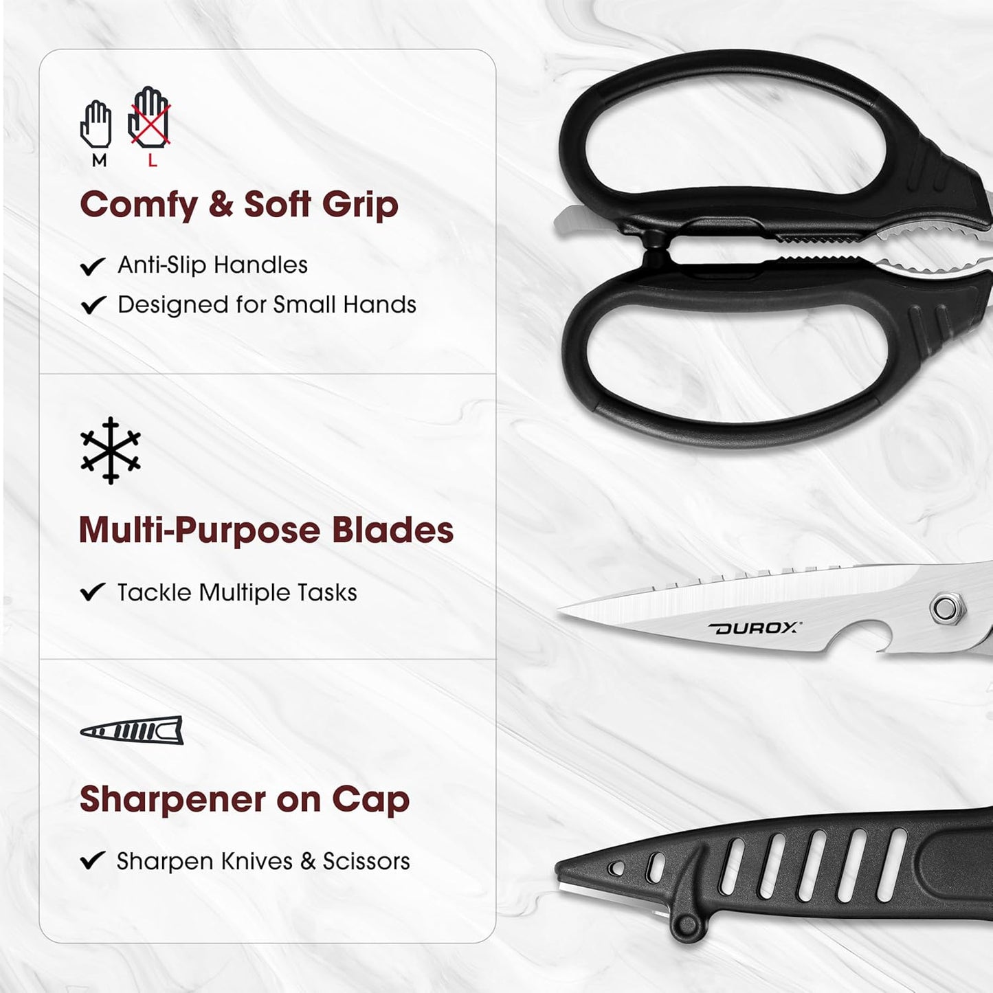 DUROX Kitchen Scissors, All Purpose Kitchen Shears with Scissors Sharpener & Protective Cover, Come Apart Stainless Steel Shear - Multipurpose Utility Kitchen Tools