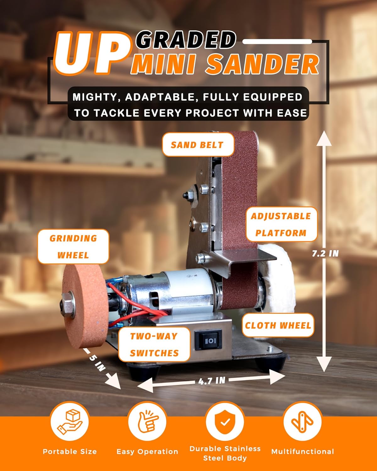 Mini Belt Sander, Electric Small Sander Knife Making Supplies, 7 Adjustable Speed Electric Knife Sharpener, Power Belt Grinder for Woodworking, Metal Working DIY (6.5'' x 6.8'' x 4.8'')