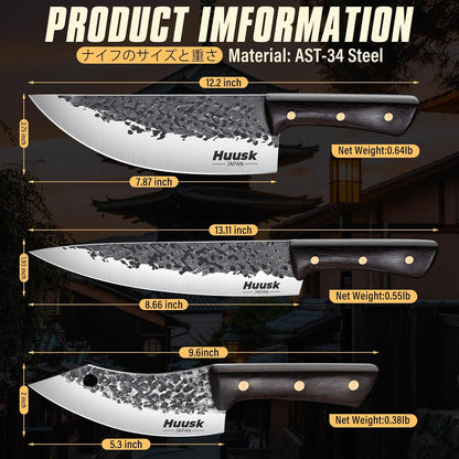 Huusk Hand Forged Chef Knife Set, High Carbon Steel Butcher Knife Set, Japanese Kitchen Knives for Home, Outdoor BBQ Camping Cooking, Gift Idea for Men