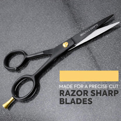 Beauty & Crafts 5” Professional Beard & Mustache Scissors for Men | German Stainless Steel Beard Trimming Shears with 2 Mustache Combs & Premium Pouch for All Facial Hair (Black)