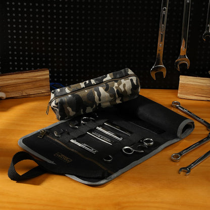 16OZ Waxed Canvas Tool Roll Bag, Heavy Duty Tool Storage Roll Bag with 7 Tool Slots & 1 Detachable Pouch, Khaki Tool Organizer for Wrenches and Tools (23.5"L x 9.5"W)