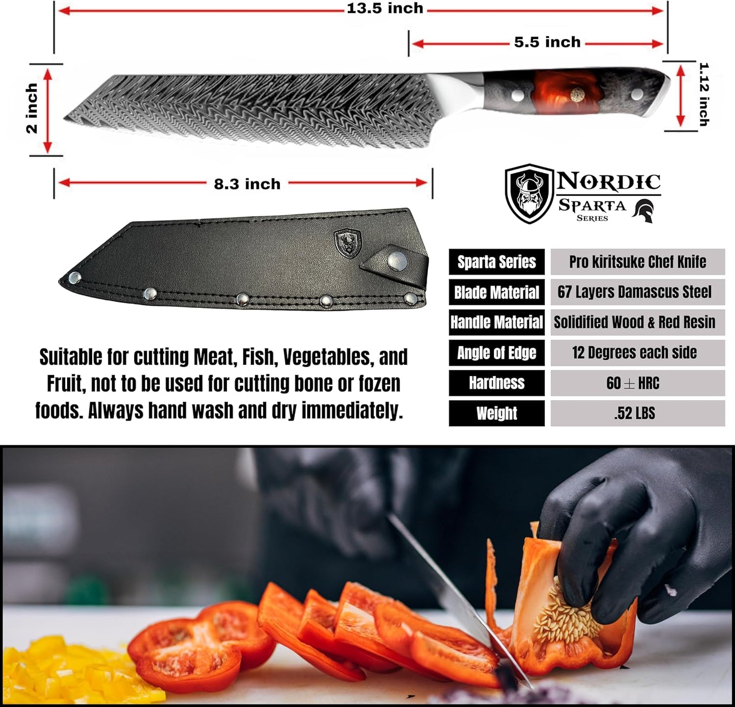 Nordic New Sparta Series Pro Kiritsuke Damascus Chef Knife, Japanese VG10 Super Steel, 67 Layers Damascus Steel, Resin and Maple Wood Handle and Leather Sheath (Kiritsuke Knife)