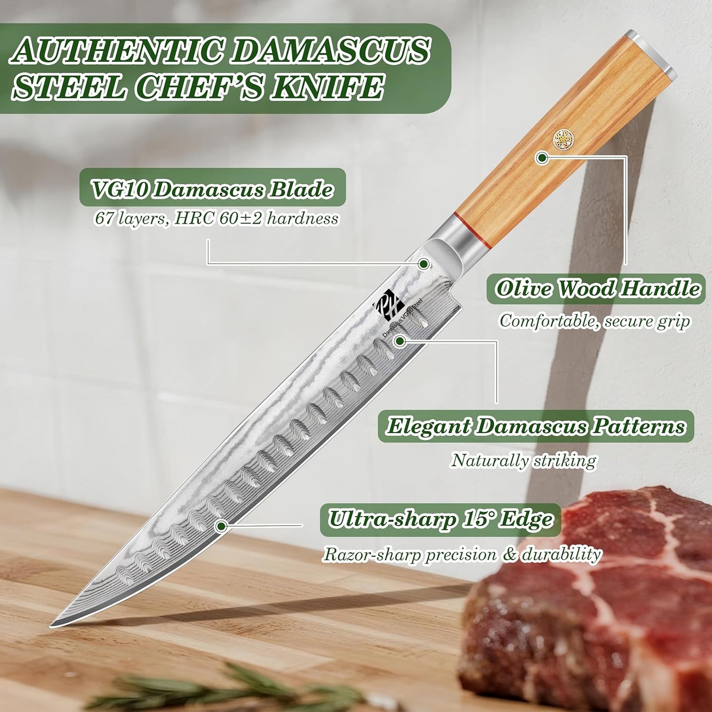 9 Inch Damascus Carving Knife - Brisket Knife 67 Layer VG-10 Steel Core with Olive Wood Handle, 62 HRC Precision Sharp Professional Kitchen Knife for Meat Slicing and BBQ, Gift Box Included