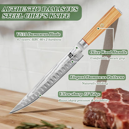 9 Inch Damascus Carving Knife - Brisket Knife 67 Layer VG-10 Steel Core with Olive Wood Handle, 62 HRC Precision Sharp Professional Kitchen Knife for Meat Slicing and BBQ, Gift Box Included