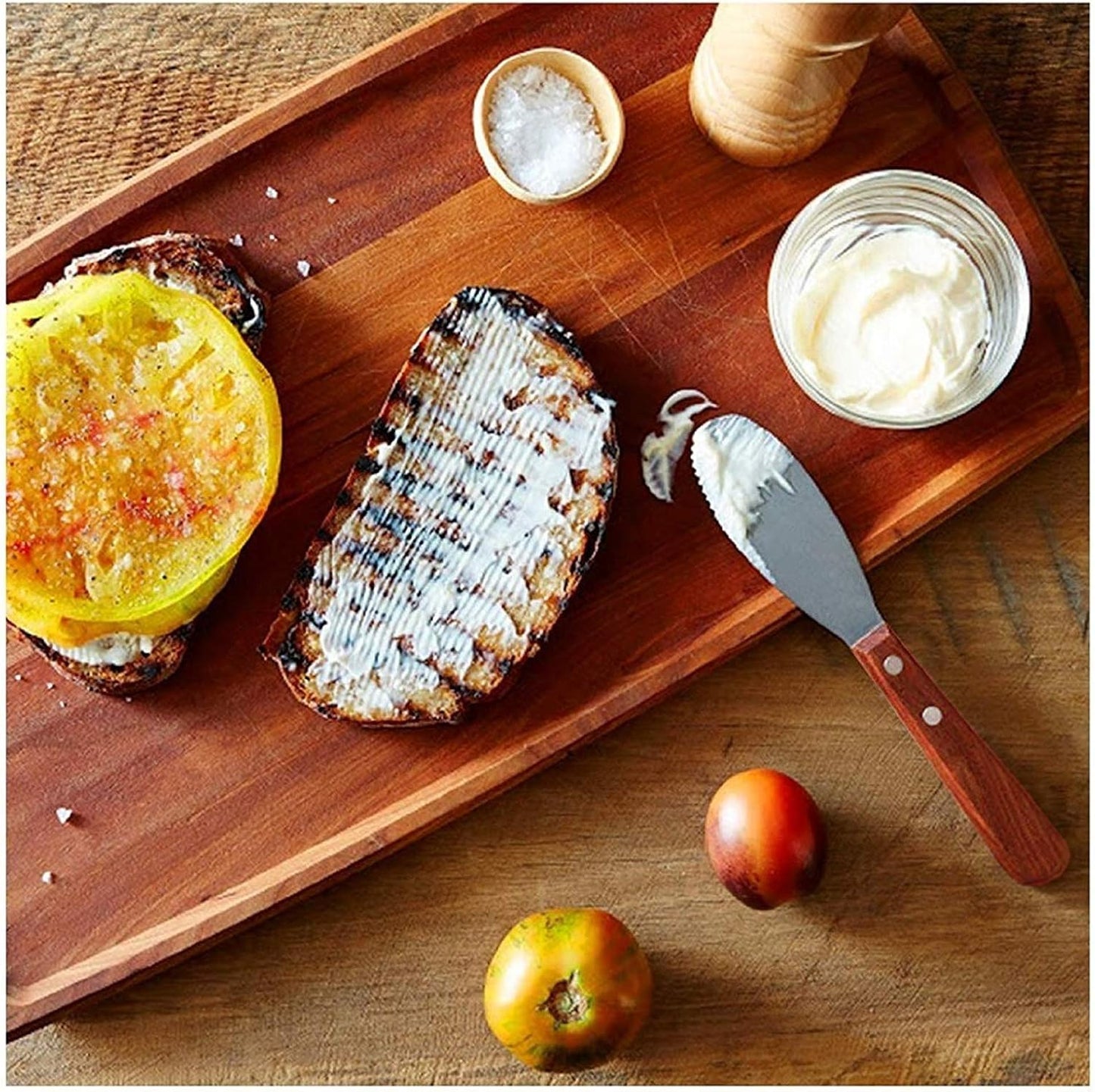 Wall2Wall Stainless Steel Straight Edge Wide Butter Spreader Deluxe Sandwich Cream Cheese Condiment Knives Set Kitchen Tools, Wood Handle, 8” (4)