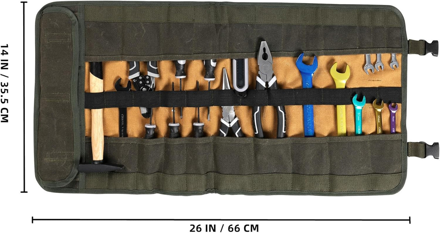 Wrench Tool Roll, Heavy Duty Waxed Canvas Multi-purpose Tool Pouch Bag With 25 Pockets, Easy Storage, Durable (Khaki)